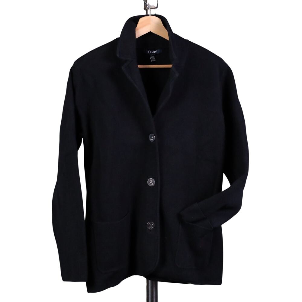 Chaps Sweater Blazer Jacket Womens XL Black Cotton Knit Cardigan Classic Casual